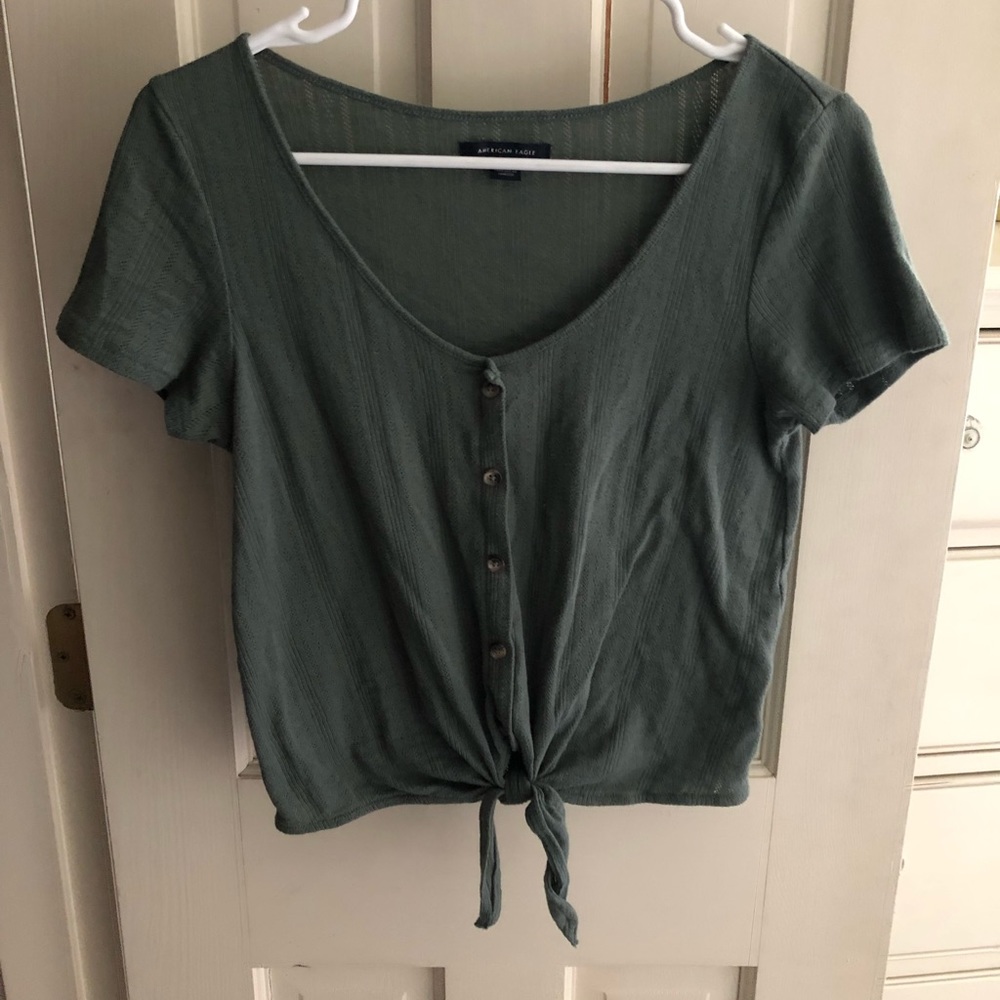 Green button down shirt from American Eagle